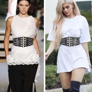 ReStocked NWT Black Vegan Leather Corset Belt Gold Grommets Elastic Adjustable